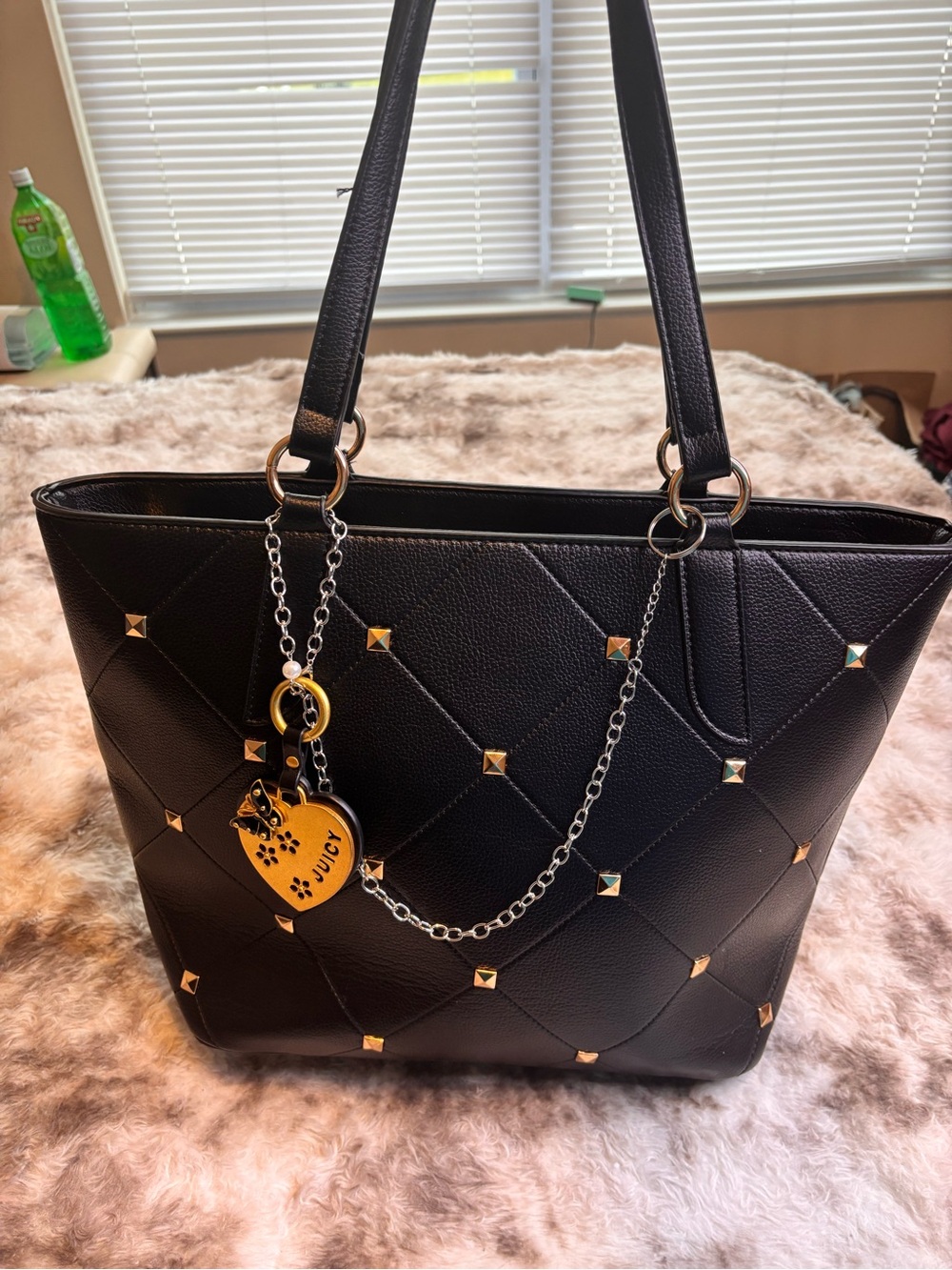 Black Quilted studded Tote with bag charm and chain